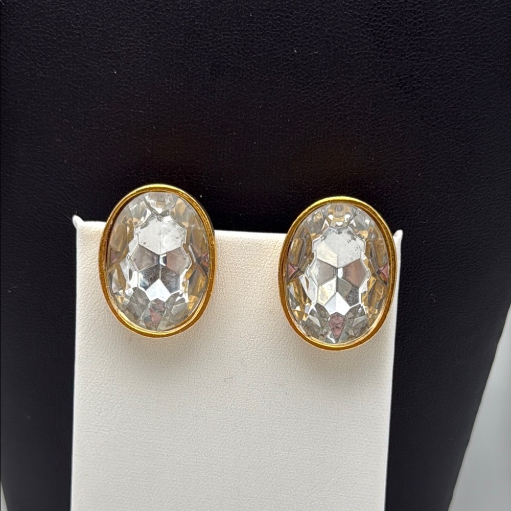 Vintage Ellen Deisgn clear faceted headlight 80s oval statement clip earrings